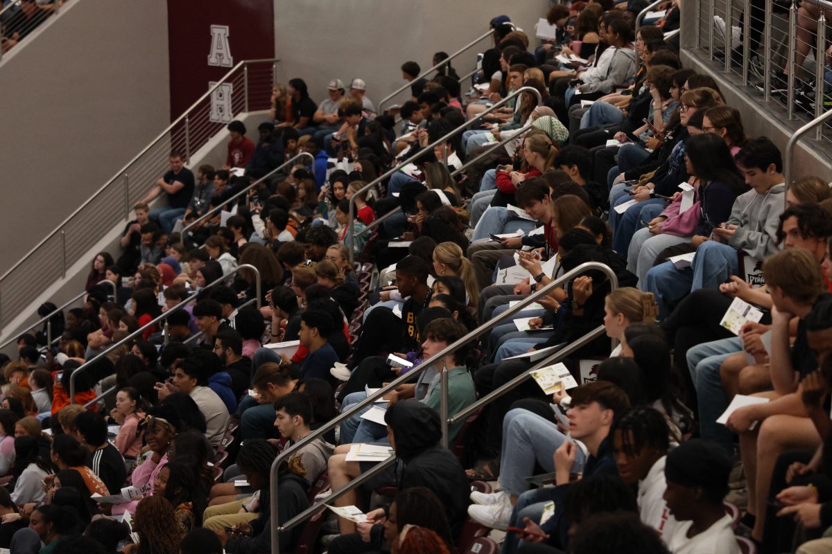 Seniors gather in the Montgomery Center for a senior class meeting.