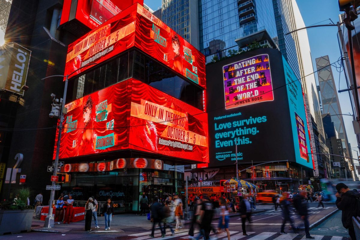 A billboard advertises "The Official Release Party of a Showgirl," a movie celebrating Taylor Swift’s new album "The Life of a Showgirl," in Times Square in New York City, U.S., October 3, 2025. REUTERS/Kylie Cooper