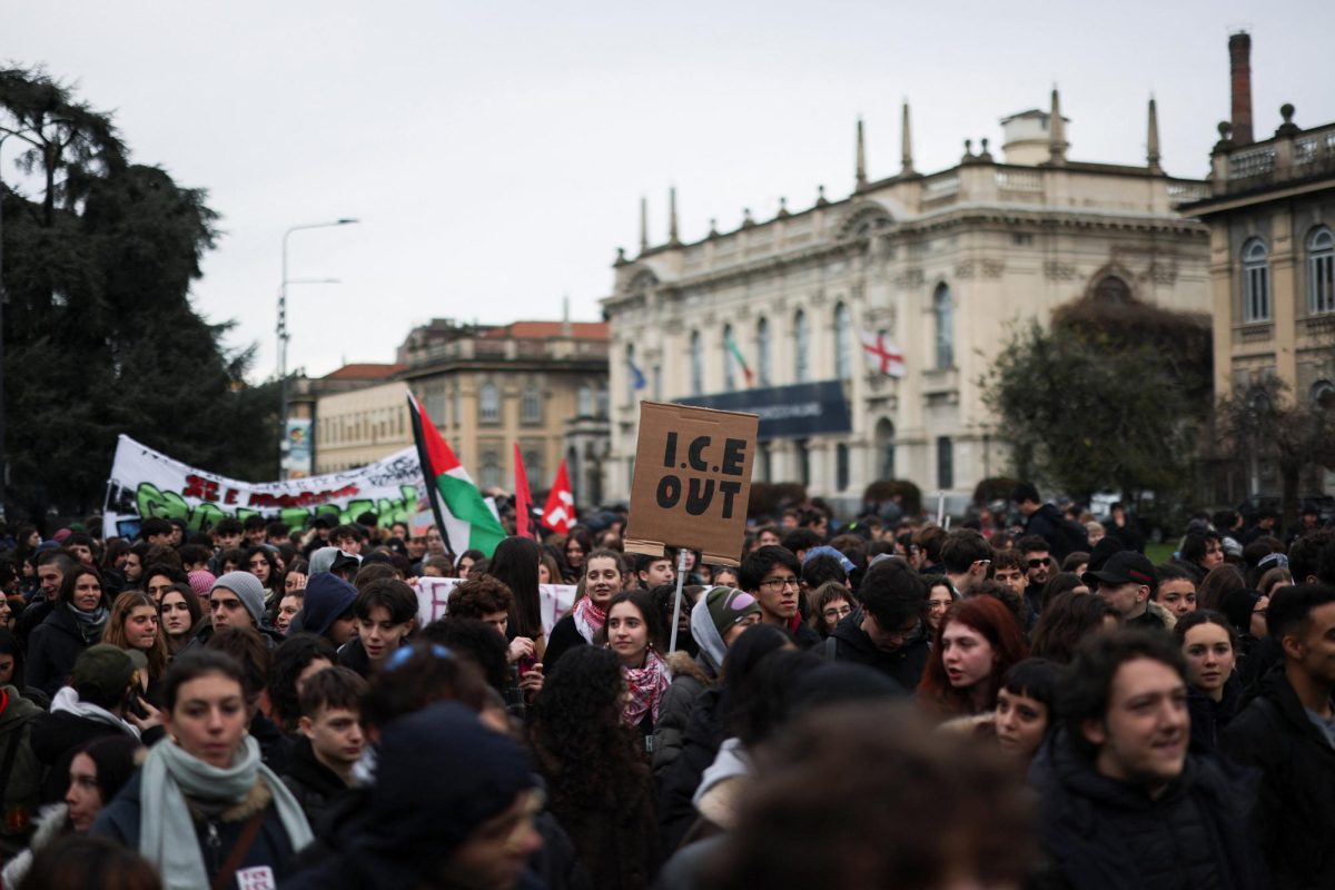 People protest against U.S. Immigration and Customs Enforcement (ICE) personnel who will help protect U.S. delegations at the Milano Cortina 2026 Winter Olympics, in Milan, Italy, February 6, 2026.    REUTERS/Alkis Konstantinidis