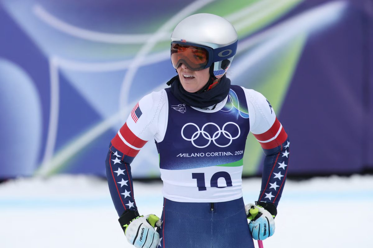 Milano Cortina 2026 Olympics - Alpine Skiing - Women's Downhill Official Training - Tofane Alpine Skiing Centre, Belluno, Italy - February 06, 2026. Lindsey Vonn of United States reacts during training
