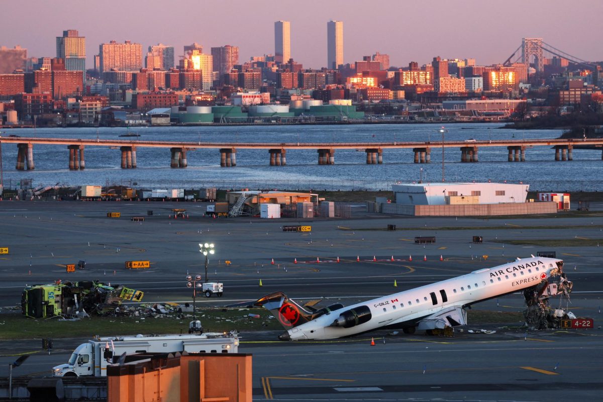 The wreckage of an Air Canada Express jet that collided with a ground vehicle on Monday at New York's LaGuardia Airport in Queens, New York, U.S., March 24, 2026. REUTERS/Shannon Stapleton