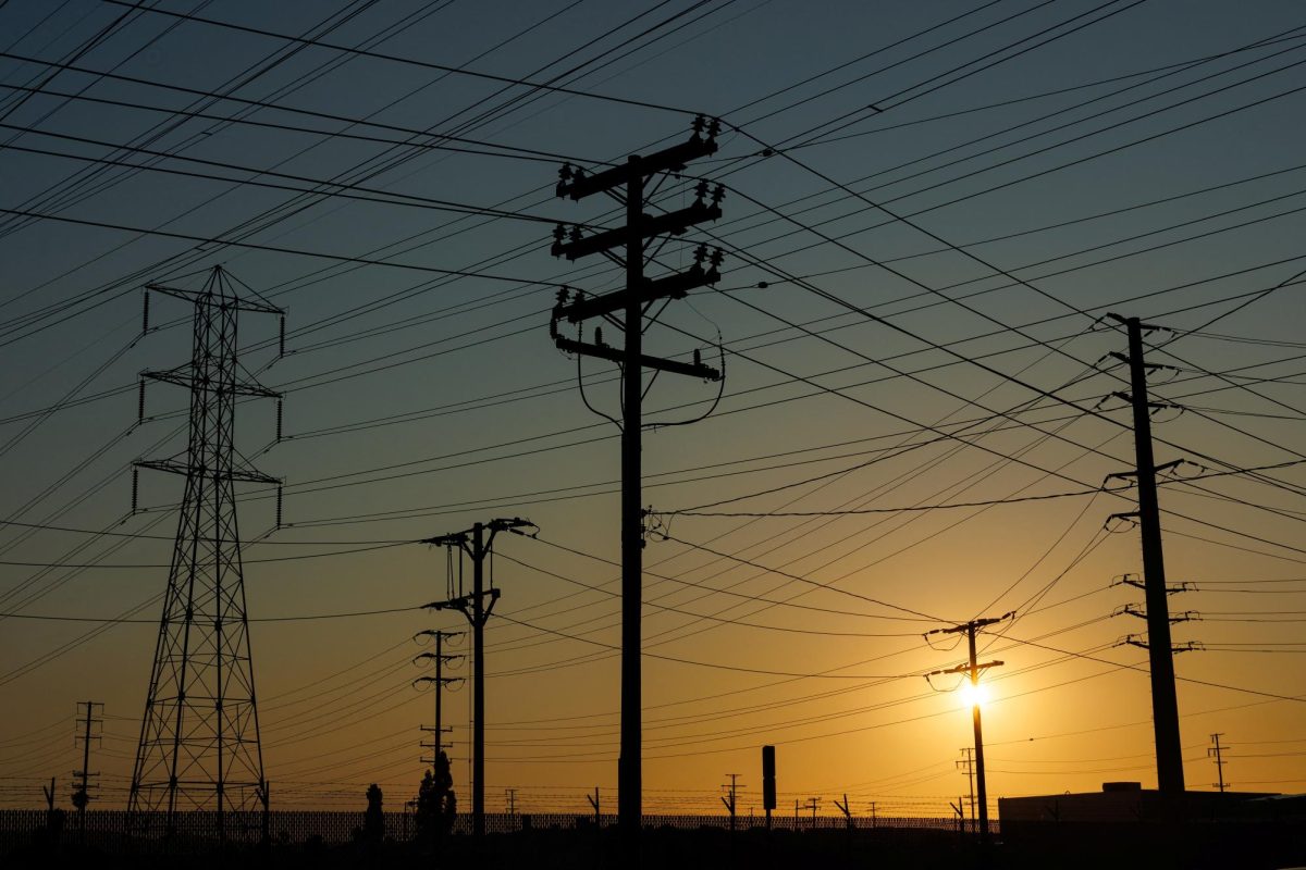 Electrical transmission towers, poles and lines are shown in the early morning of a hot summer day in Commerce, California, U.S, August 7, 2025.  REUTERS/Mike Blake