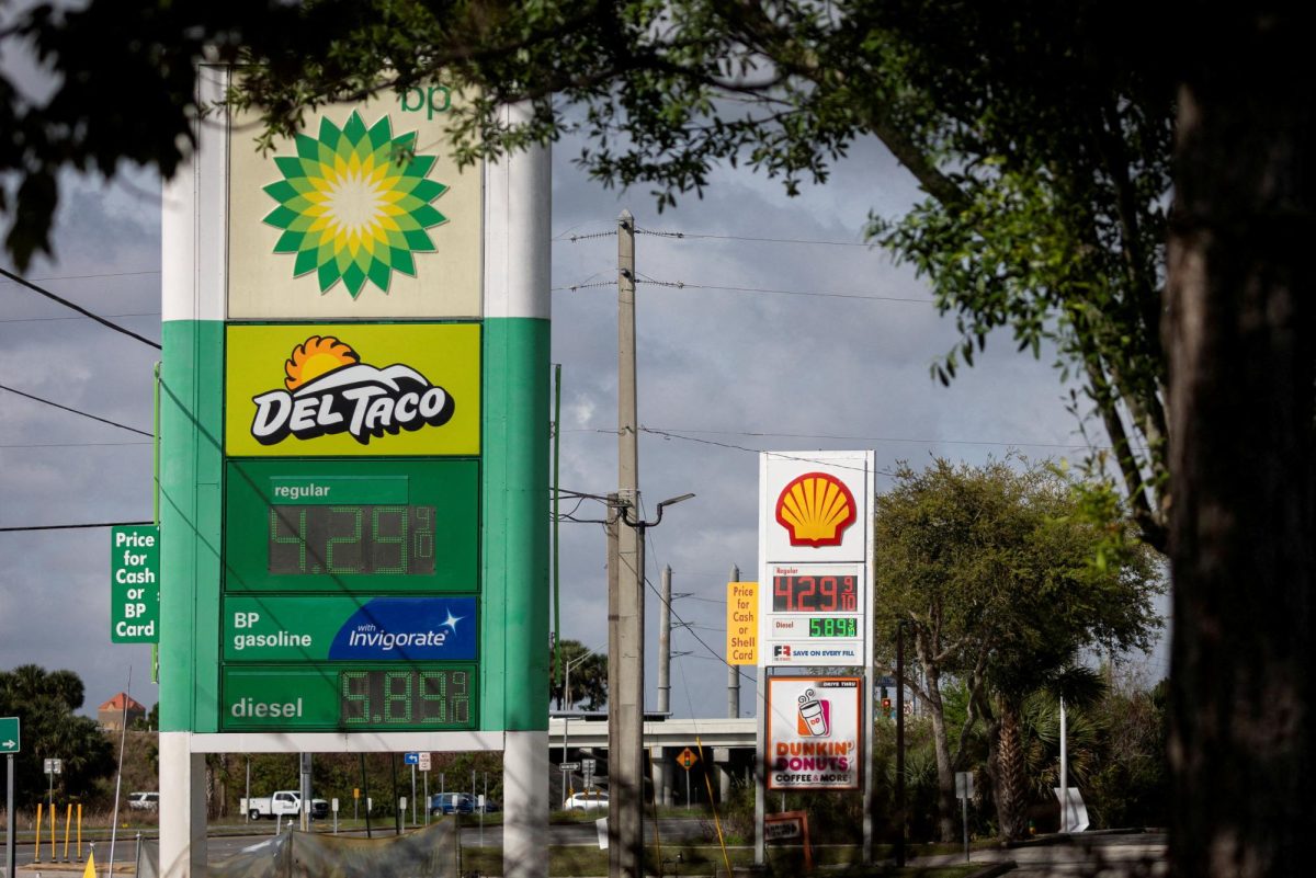 Gas prices are displayed at a gas station as the prices of oil and gas surge, amid the Iran war, in Titusville, Florida, U.S., March 31, 2026. REUTERS/Marco Bello